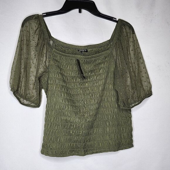 2X 18W 20W Torrid Green Dot Mesh Square Neck Crop Top Smocked Puff Sleeve Garden - Picture 6 of 7